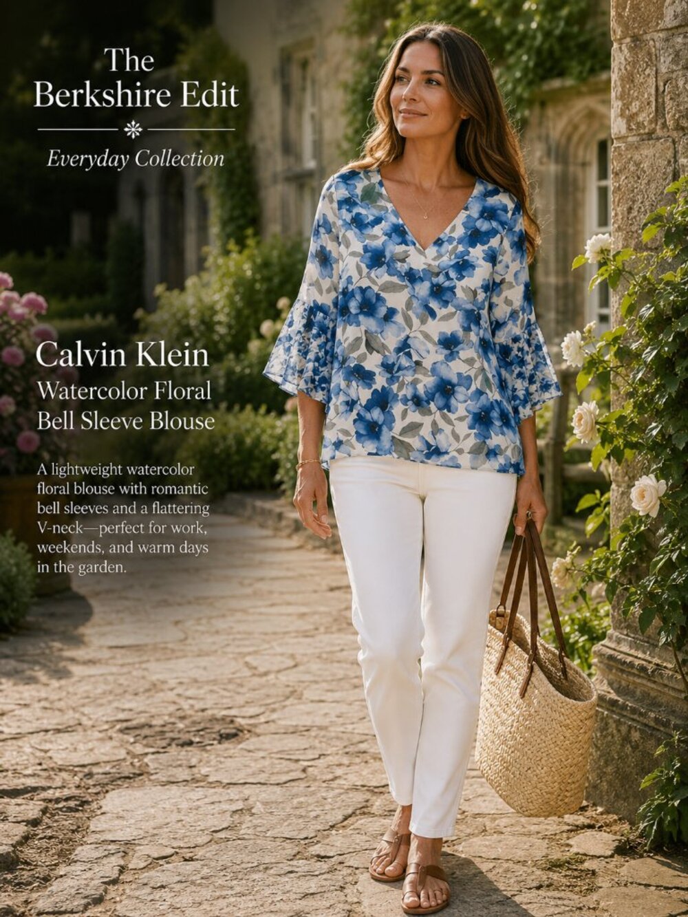 Calvin Klein Blue Watercolor Floral Bell Sleeve Sheer V-Neck Blouse L